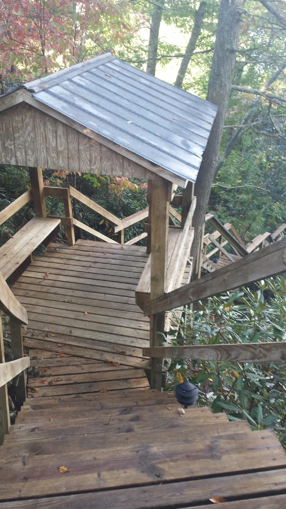 Metal roofed shelter over wooden steps on a wooded walkway — Skylight Repair & Installation work by our crew in Rohnert Park